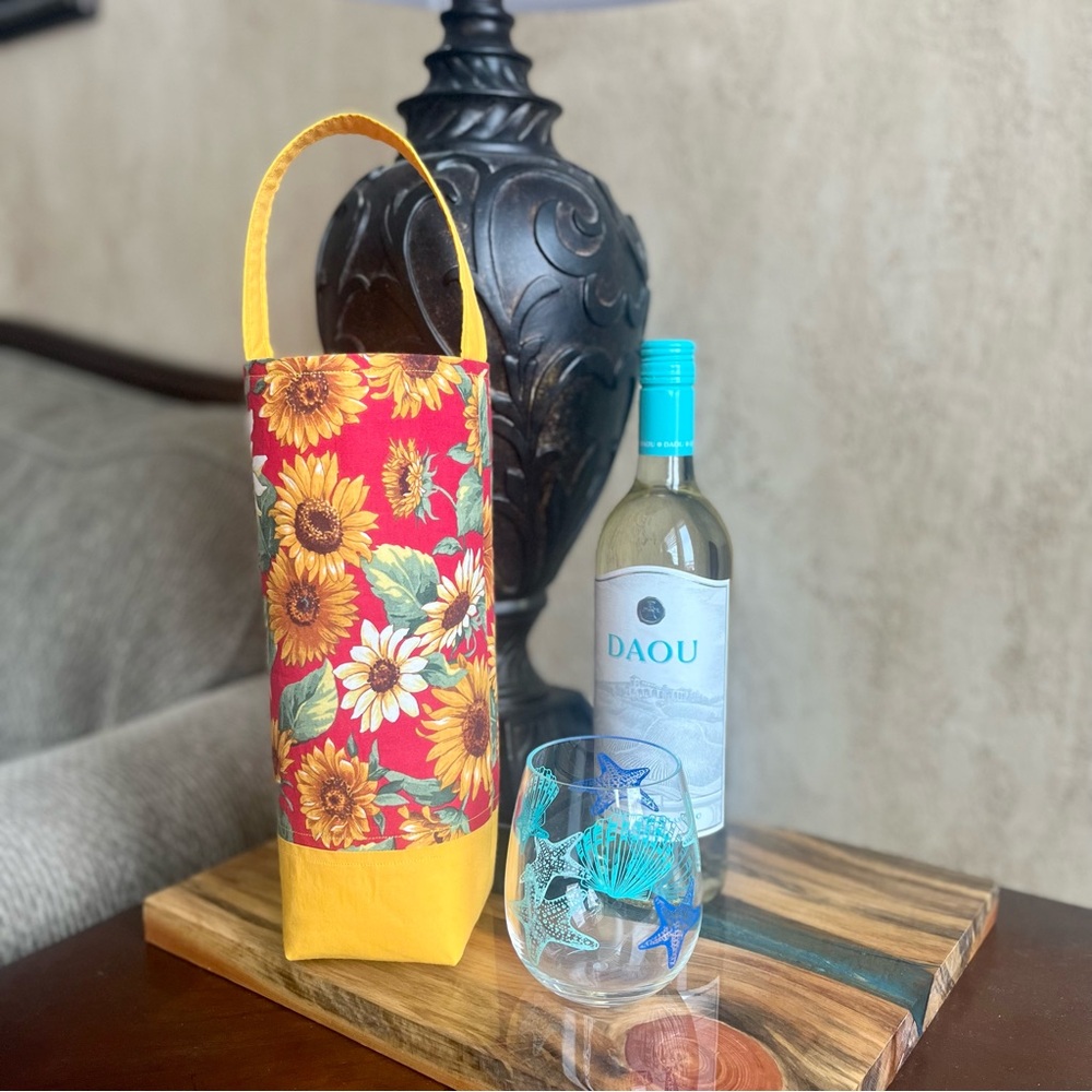 Golden Sunlowers wine tote housewarming gift handmade tote wine gift bag tote